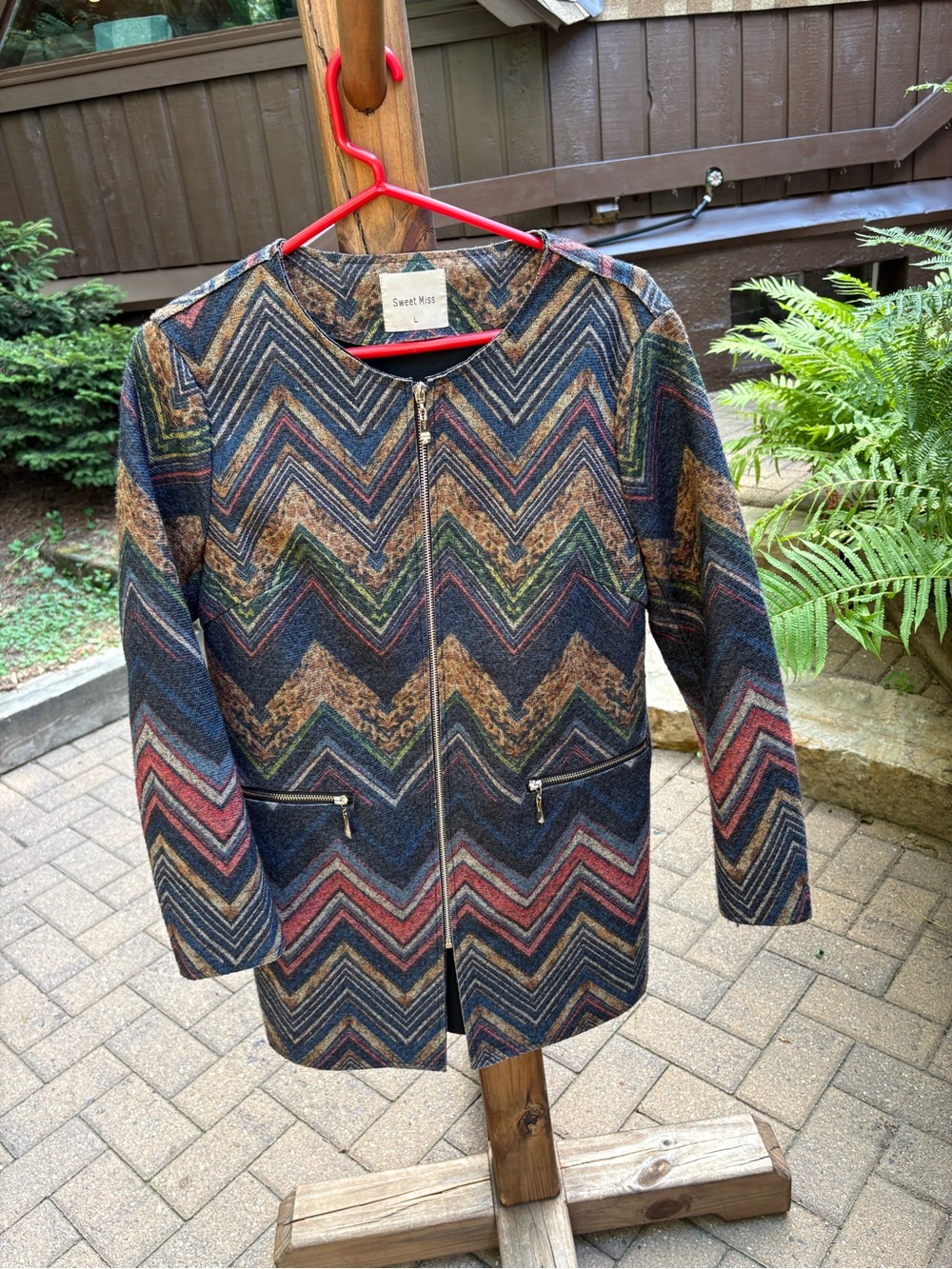 Little Miss Chevron Zip-Front Long Sleeve Dress Jacket in Navy, Rust, Gold